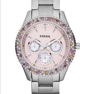 Fossil stainless steel pink face. Rhinestones. 3 hands, date, 24hr and weekday